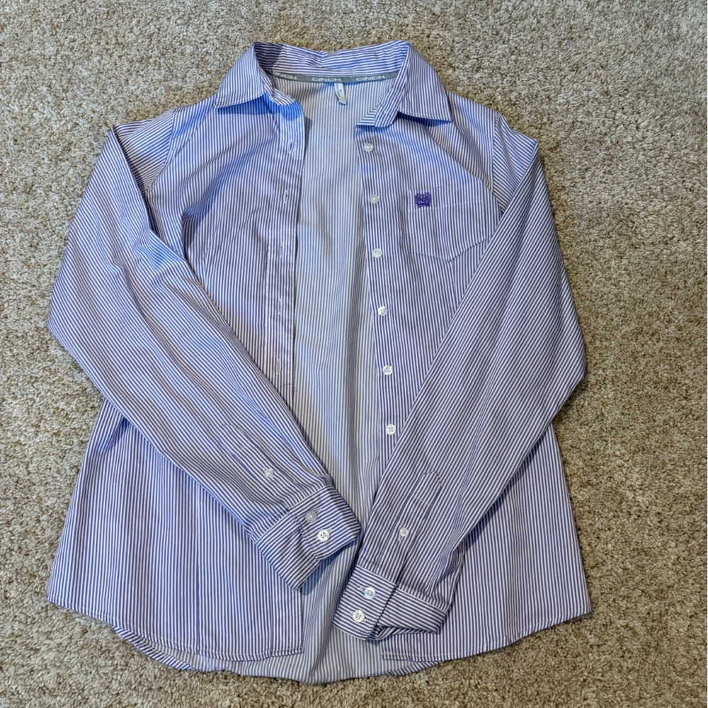 Cinch Purple and White Striped Button-Up